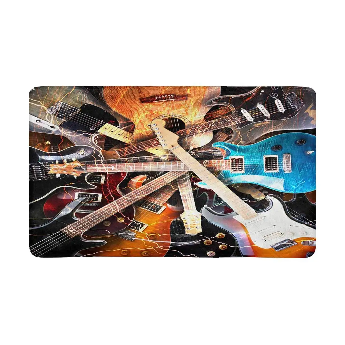 Cool Electric Guitar Surrounded with Lightnings Doormat Anti Slip