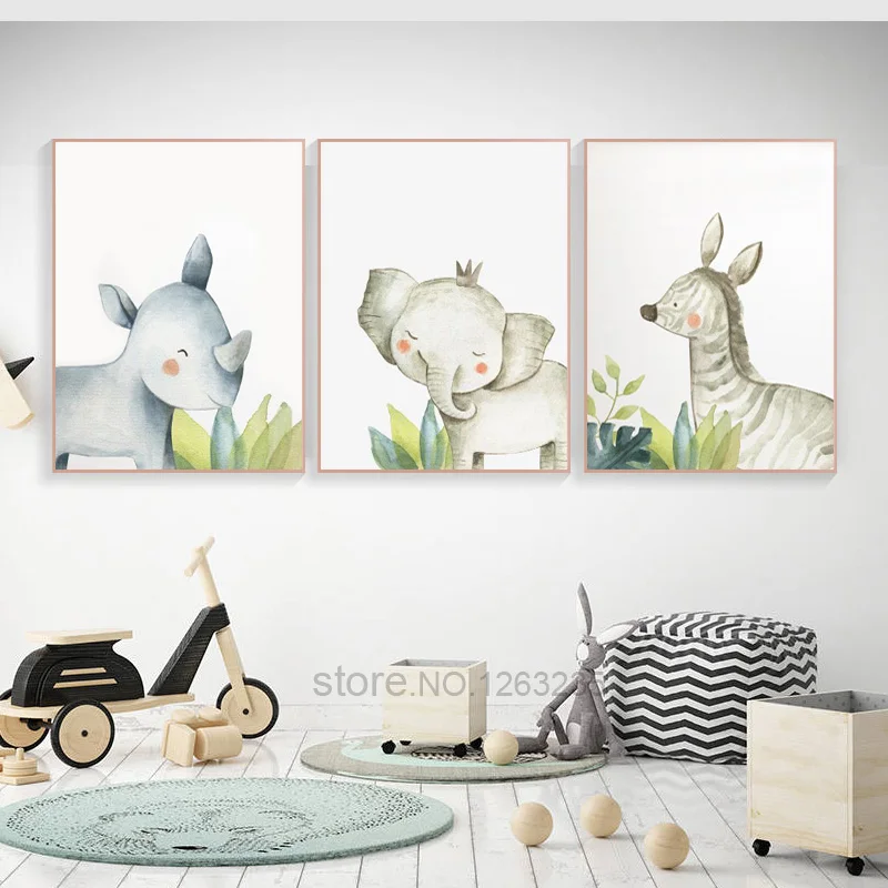 

Cute Elephant Baby Room Decor Cartoon Pictures Nordic Poster Nursery Zebra Wall Art Canvas Painting Cuadros Rhinoceros Unframed