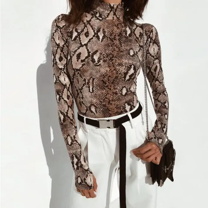 Snake Print Long Sleeve Sexy Women Bodysuit Autumn Winter Colthes Mock Turtleneck Thumbholes Snakeskin Body Suit - Цвет: picture color