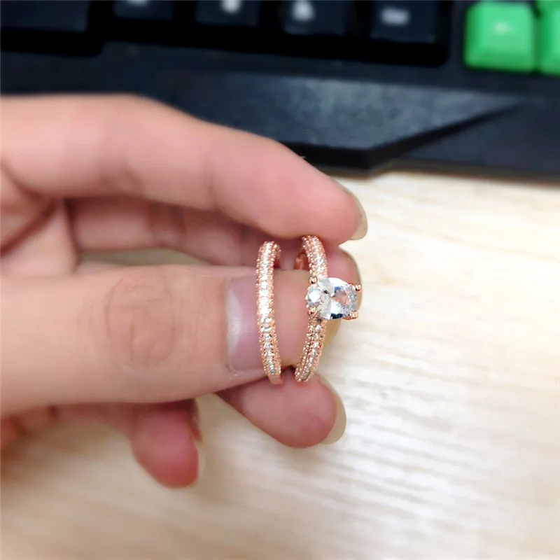 

ROMAD 2pcs/set Wedding Rings For Women Crystal Engagement Ring Rose Gold Valentine's Day Gift Fashion Jewelry Gift Size 6-10 R3