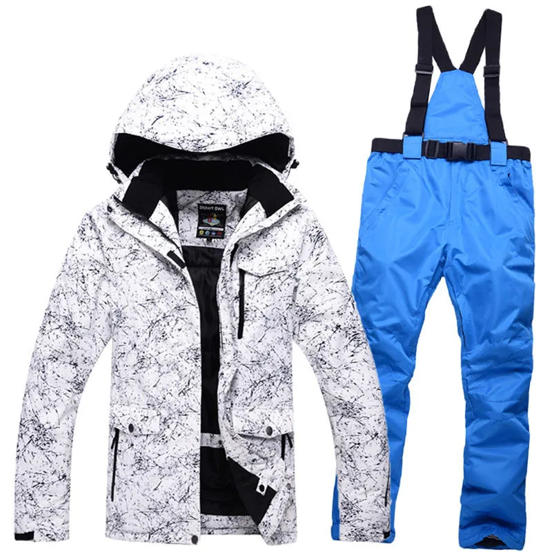 High quality men's ski wear suit snowboard suit waterproof windproof winter snow suit set+ bib warm ski pants large size S-XXXL - Цвет: Шампанское