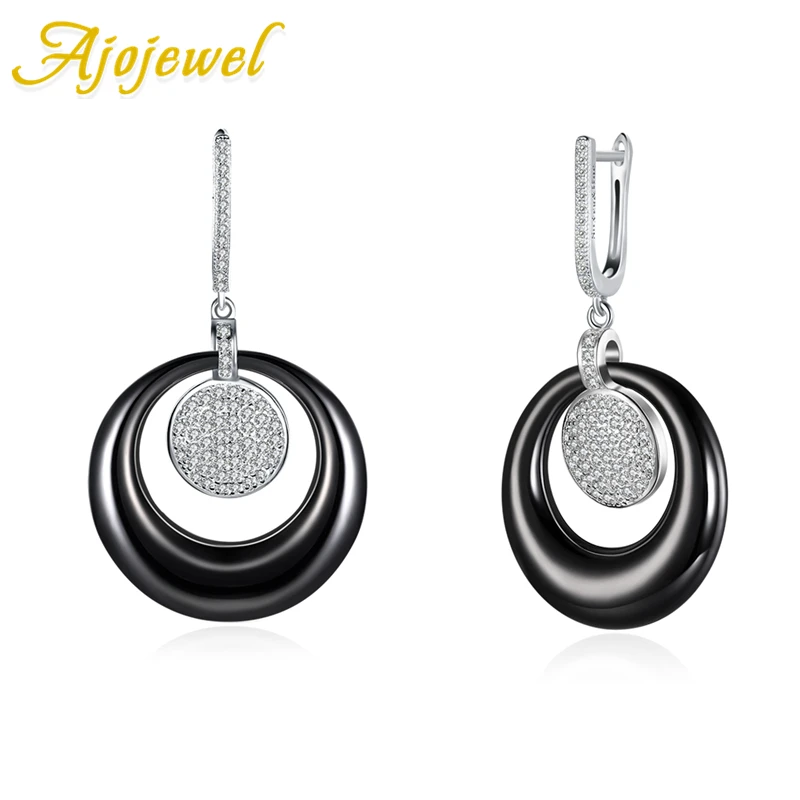 

Ajojewel Simple Jewelry Round Shape Drop Earrings Black&White Ceramic Shinning AAA Cubic Zircon Luxury Fine Clip Ears for Girls