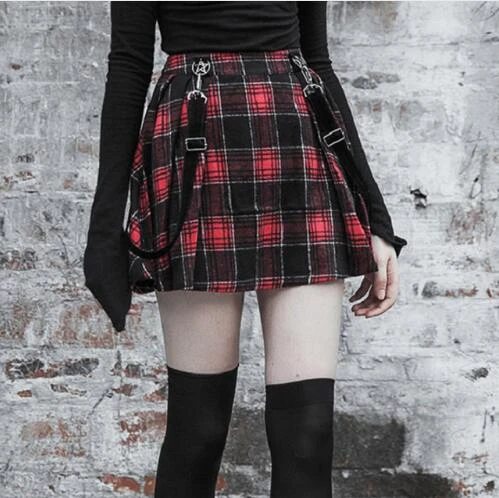 2018 e Invierno Harajuku gótico pentagrama negro Plaid rojo Faldas Pantalones cortos de la mujer falda corta Punk chica Falda corta| Faldas| - AliExpress