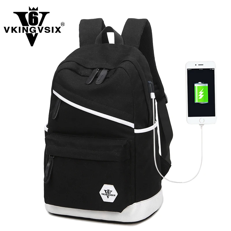 VKINGVSIX 14 15.6 inch USB laptop Ransel Hitam Kanvas 