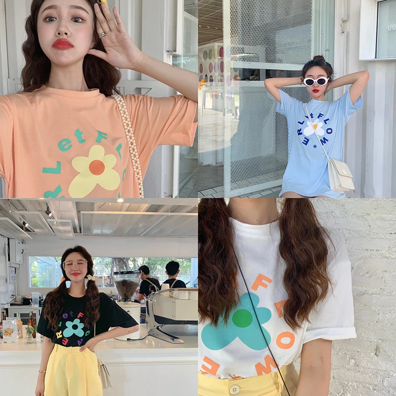 

4 colors summer tops 2019 sweet student floral print short-sleeve tee shirt femme women funny t-shirts (R77700)