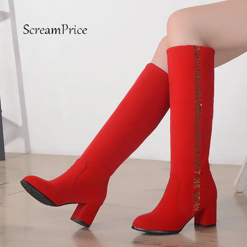 

Women's Flock Knee High Boots Thick Heel Boots Slip Op Round Toe Winter Fashion Ladies Shoes Red Black
