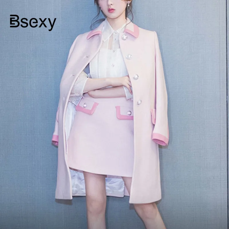 

Winter Women PInk Coat 2018 Runway Designer Turn Down Collar Straight Long Coat Female Jacket Women's Coats Abrigo Mujer
