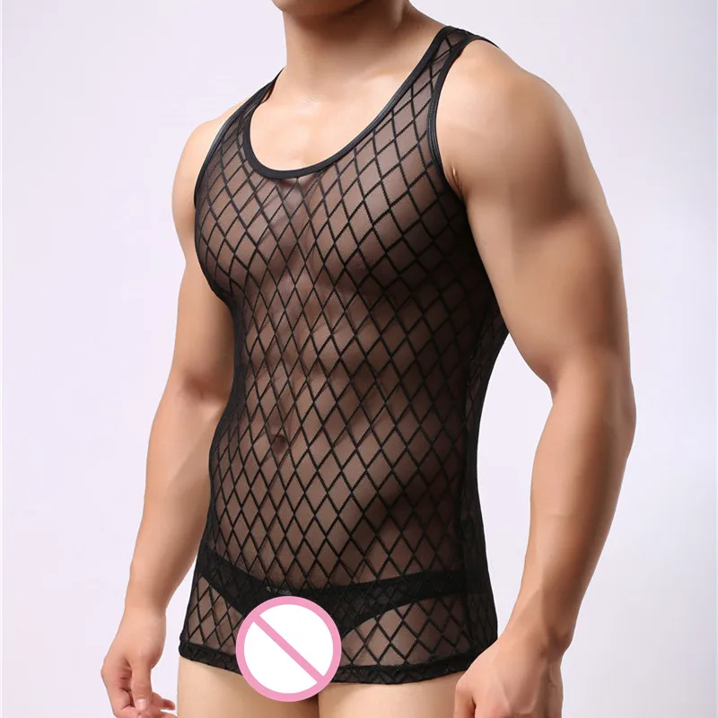 Модные сексуальные мужские майки, клетчатые прозрачные сетчатые рубашки с круглым вырезом, мужские экзотические футболки, Клубная одежда, ночная рубашка