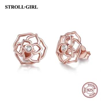 

Strollgirl Authentic 925 Sterling Silver Rose Gold Color Luxury Rose Stud Earrings Sterling Silver Jewelry Women's Earrings 2019