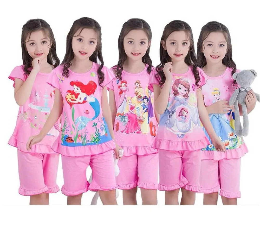 

Girls Home Clothes Baby Cute Ruffles Sleepwear Kids Round-Neck Nightie Cartoon Pyjamas Children Pajamas Short Sleeve Nightdress