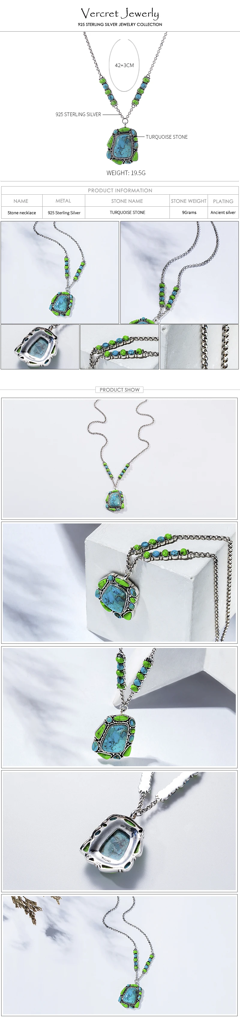 Vercret Винтаж 925 пробы серебро бирюзовое ожерелье для Для женщин Свадебные Подвеска-ожерелье предпродажа