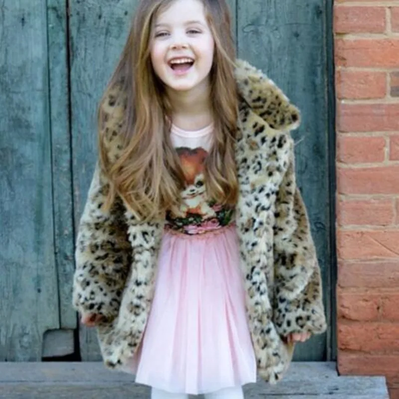 Новое леопардовое пальто с искусственным мехом детская одежда теплая куртка пальто с длинными рукавами и отложным воротником для мальчиков и девочек 3-8 лет, QC916