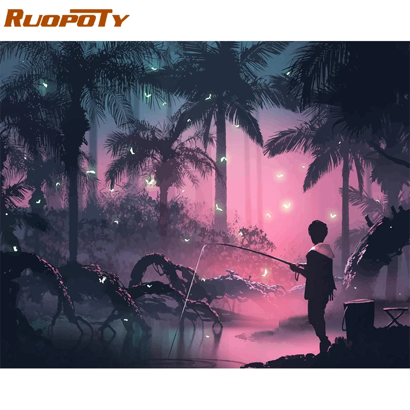 

RUOPOTY Frame Fishing DIY Painting By Numbers Kit Coloring By Numbers Wall Art Picutre Handpainted Oil Painting For Home Decors