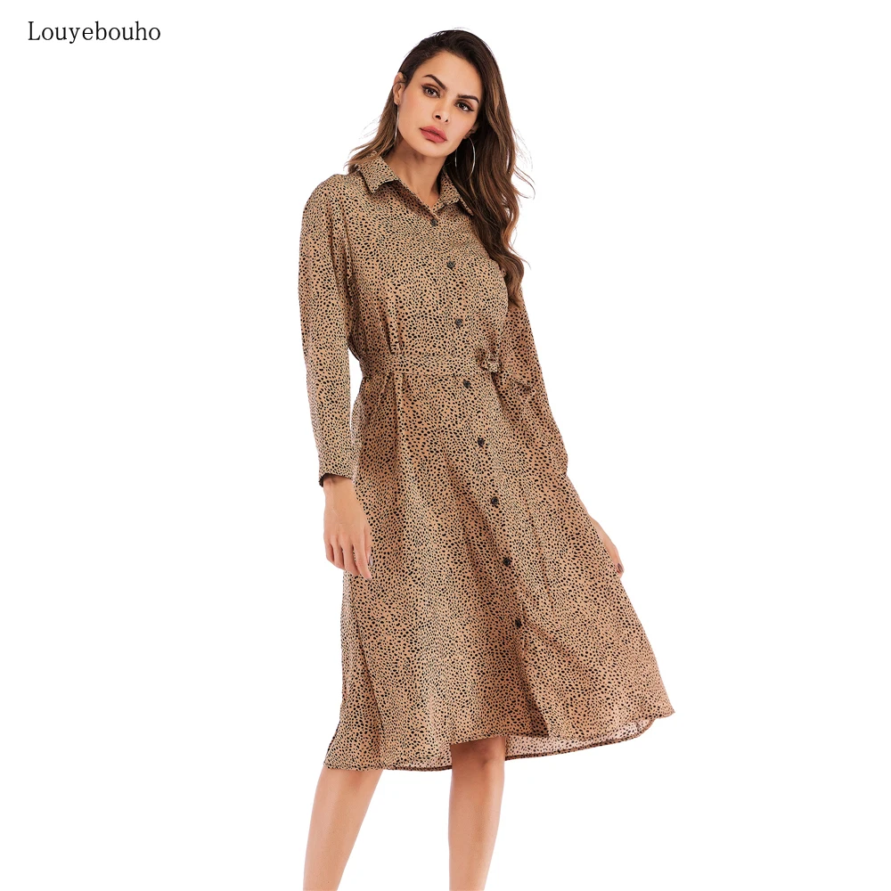 

Women Long Sleeve Chiffon Dress 2019 Casual Leopard Print Turn Down Collar Buttons Elegant Office Dresses Autumn Vestidos w/Sash