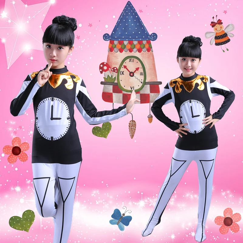 Kid girl time clock costume cosplay watch dance costume black white jumpsuit for children stage performance