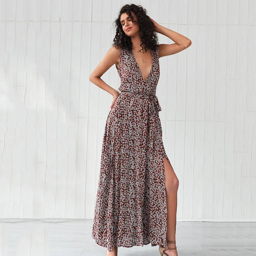 

Women maxi long dress Summer Floral Sleeveless Deep V-Neck Boho Split Holiday Fashion A-line ladies sea belt vacation boho Dress