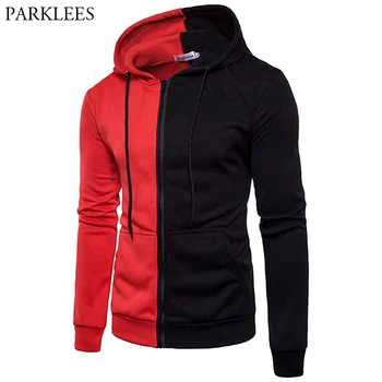 

Red Black Patchwork Hoodies Men Women Hooded Sweatshirt 2018 Brand New Slim Fit Pullover Hoody Zipper Tracksuit Male Sweat Homme
