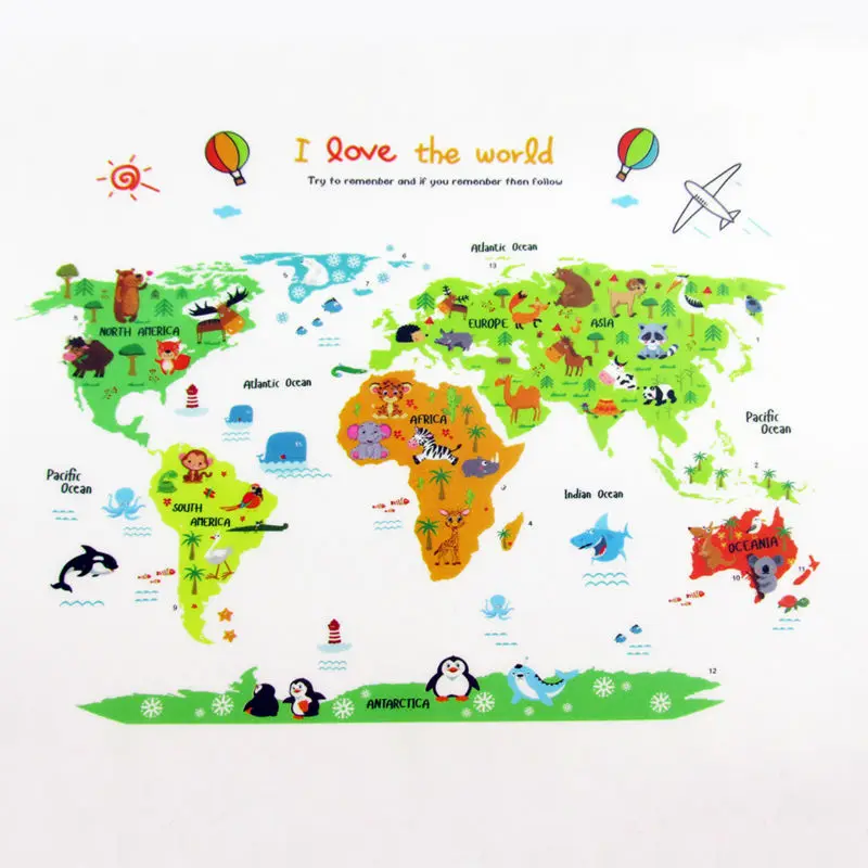 Colorful Cartoon World Map Wall stickers for classroom kids room Art Poster animal world map wall stickers for Home Decoration (10)