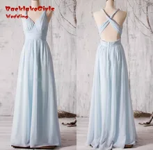 sky Blue A Line Bridesmaid Dresses Gowns Open Back Pleat Maid Of Honor long dresses vestido de festa custom made dress 2017