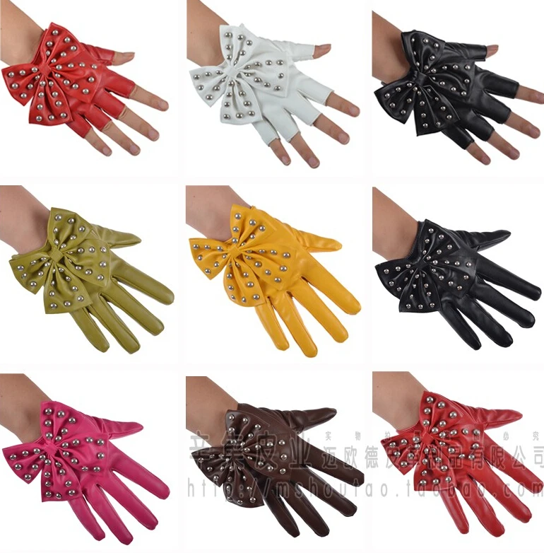 women's fashion pu leather big bow gloves lady's quality rivet gloves motorcycle glovesin Women