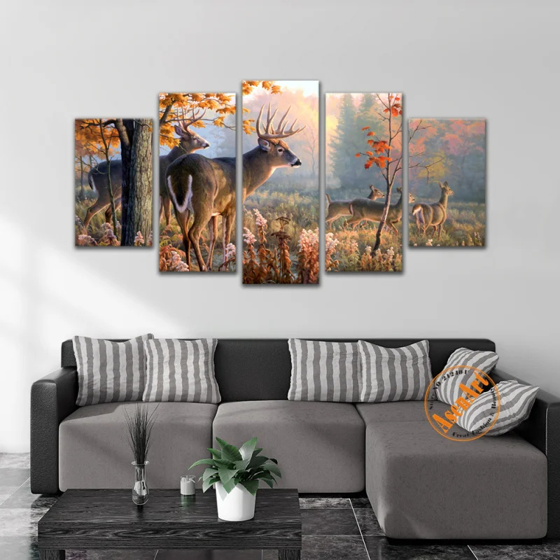 5 Piece Wall Art Picture Deer in the Forest Animal Painting for Living