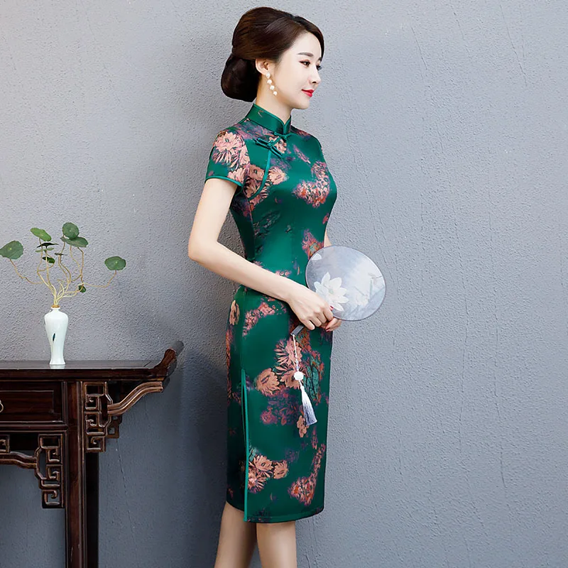 Новинка 2019 года; Платье До Колена Ципао в китайском стиле с воротником-стойкой; женское летнее платье из искусственного шелка; Изящные