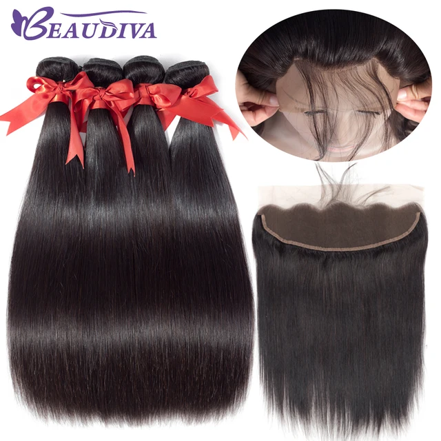 Cheap Beaudiva Human Hair Bundles With Closure Brazilian Hair Weave Bundles With 13*4 Lace Frontal Closure Straight Hair Extension Cheap Beaudiva Human Hair Bundles With Closure Brazilian Hair Weave Bundles With 13*4 Lace Frontal Closure Straight Hair Extension