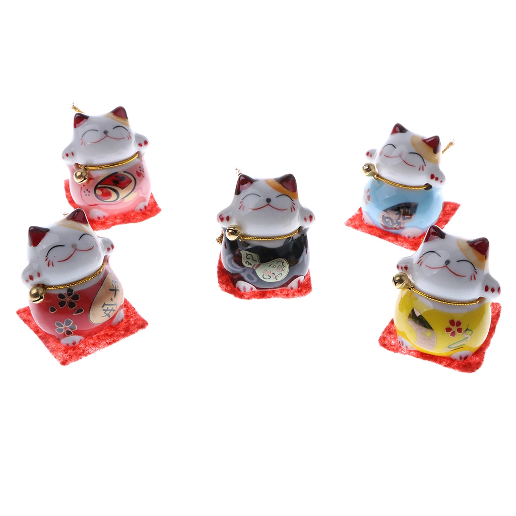Set of 5 Ceramic Japanese Lucky Cat Fortune Kitten Figurines Cute Smiling Waving Fortune Cat Toy Home Car Decor Ornament #D