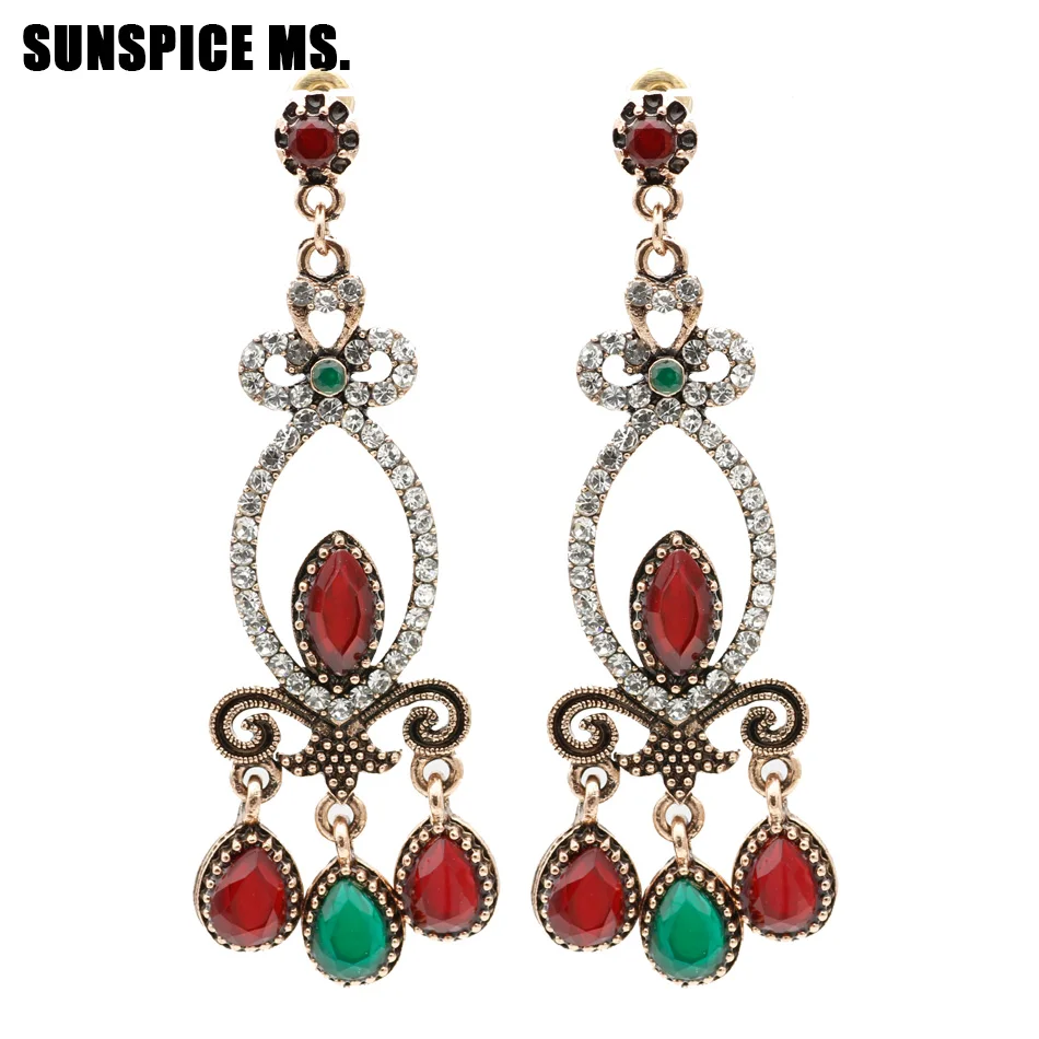 Turco Delle Donne Dell'Annata Lunga Ciondola Waterdrop Resina Hollow Rotonda Di Strass Retro Amore Orecchino Etnico Boho Monili Di Cerimonia Nuziale