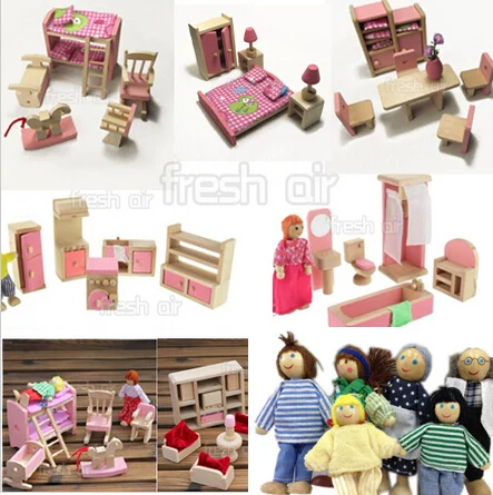 

Pink Wooden Dolls House Furniture Miniature 6 Room Set/6Dolls For Kids Children Free Shipping