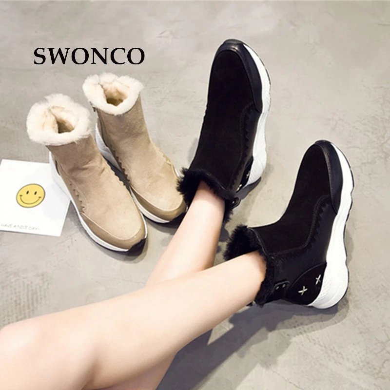 Женские зимние ботинки SWONCO из натуральной кожи с толстым плюшем теплые женские