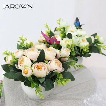 

JAROWN Artificial Flowers Rose Quality Ceramics Vase +Silk Flowers Artificial Flower Set Home Decoration Home Flowers Decoration