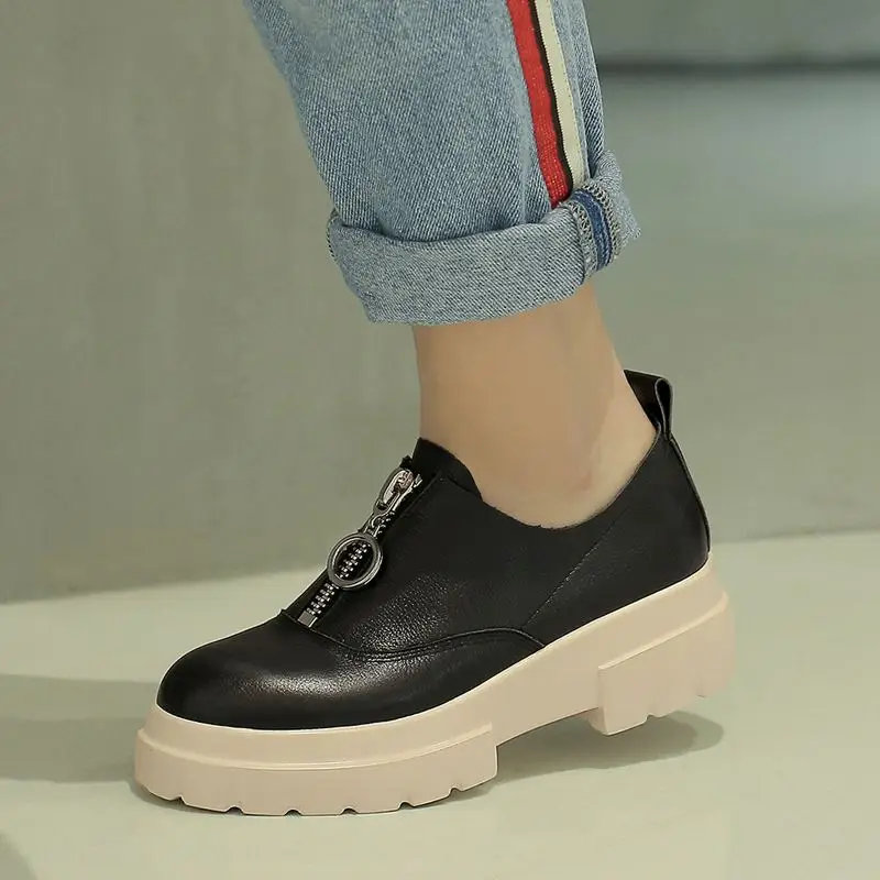 Size42 Luxe Compensées Femme Marque De Vache Vulcanisées Coins Sneakers En Zipper Élégant Chaussures Femmes Beige Décontracté noir Mocassins Cuir À Semelles 5qARL34j
