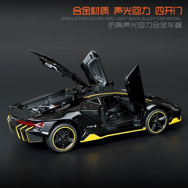 Koop 132 Simulatie Rambo LP770 4 legering sportwagen model met Pull Back en koel licht akoestisch optische auto model kids speelgoed voor Kinderen