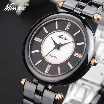 

Miss Fox Elegant Ceramic Black Women's Watches Fashion Brand Rose Gold Analog Push Button Hidden Clasp Ladies Quartz Wrist Watch