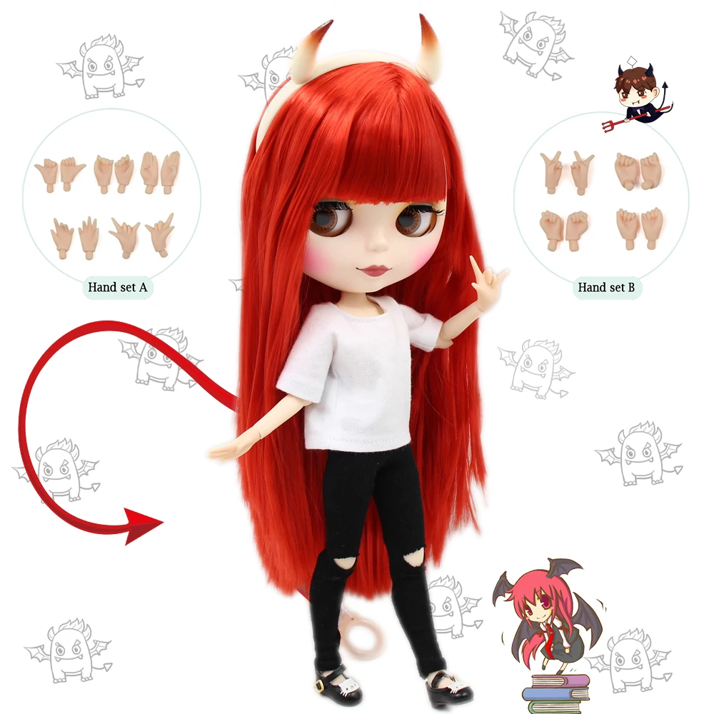 

Blyth doll Combination Red Little Devil with matte face joint body,clothes,shoes,devil horn,hand set AB as gift 1/6 BJD
