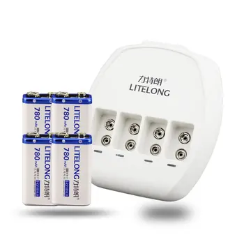 

4 X 9v High capacity 780mAh li-ion lithium Rechargeable 9 Volt Battery 9v Battery+ 4-slots 9v Dedicated charger for microphone
