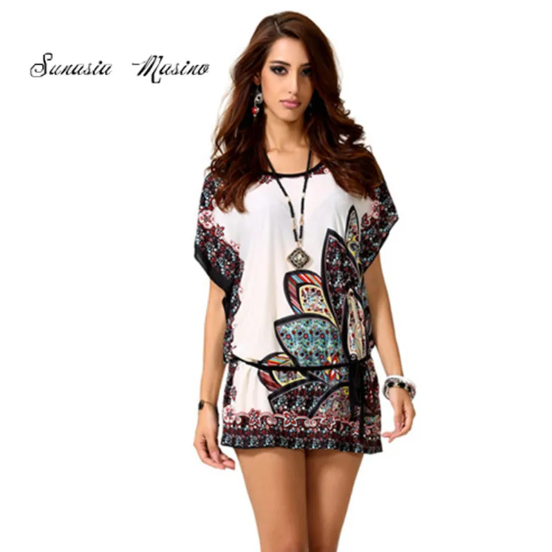 

116 color summer fashion North America style Ice silk O-Neck batwing sleeve MIni women print dress