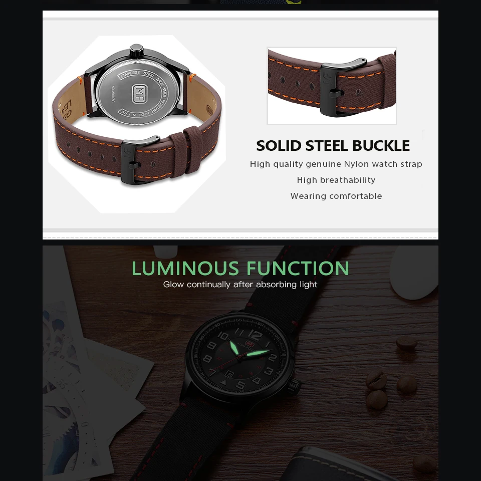  MINIFOCUS Waterproof Quartz Fashion Men Watch Military Nylon Calendar Mens Wristwatch Sports Fashio