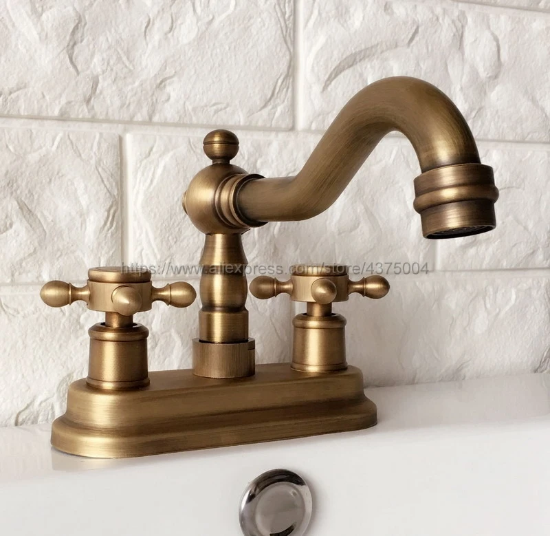 Antique Brass Deck Mounted Two Holes Bathroom Basin Faucet Bath Faucets