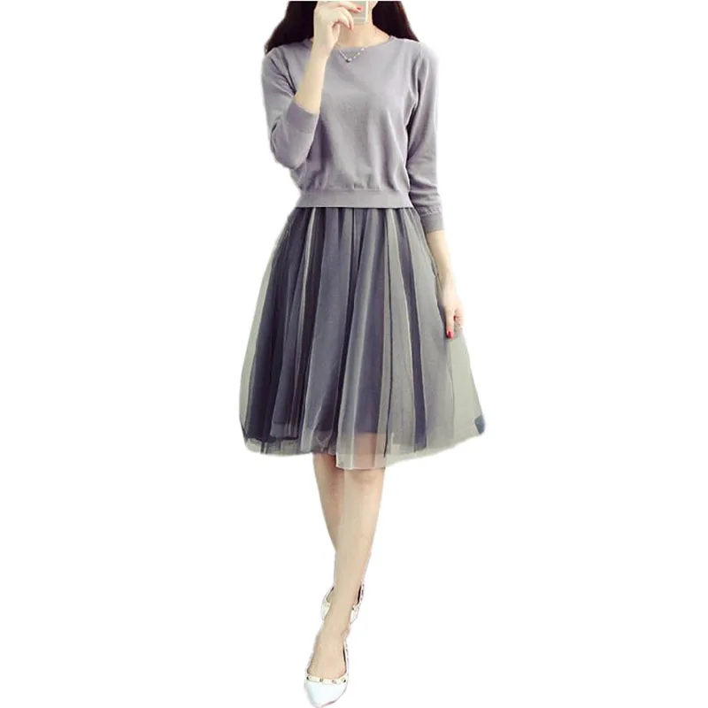 

2018 Women Autumn College Wind knit sweater dress two-piece dress female long paragraph gauze tutu grey fashion casual dresses