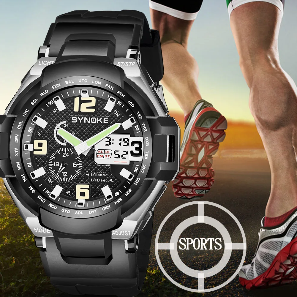 

SYNOKE Sports Men Quartz Watch Fashion Waterproof LED Display Alarm Double Movement Men Digital Wristwatch Relogio Masculino