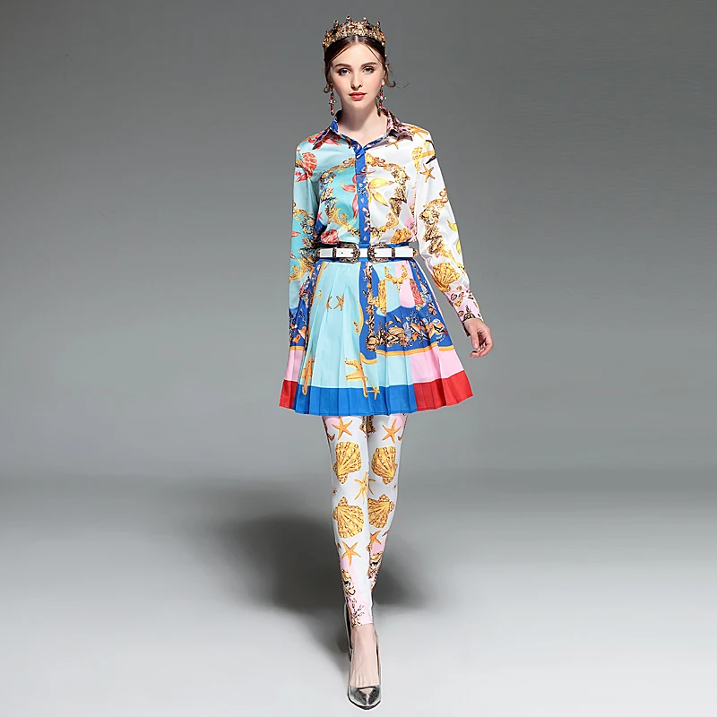 

High Quality 2018 Spring Summer New Women'S Party Fashion Beach Boho Vintage Elegant Print Shirt Skirts Tights Three Piece Sets