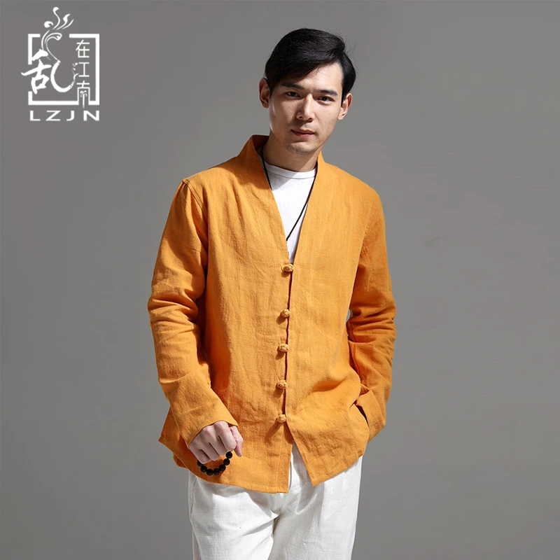 

LZJN Long Sleeve Shirt 2019 Spring Autumn Mens Jackets Vintage Coats V-Neck Traditional Chinese Blouse Casual Linen Jacket Male
