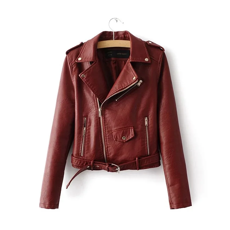 Куртка из искусственной кожи женская модная яркая черная мотоциклетная куртка Короткая байкерская куртка из искусственной кожи мягкая женская куртка - Цвет: red