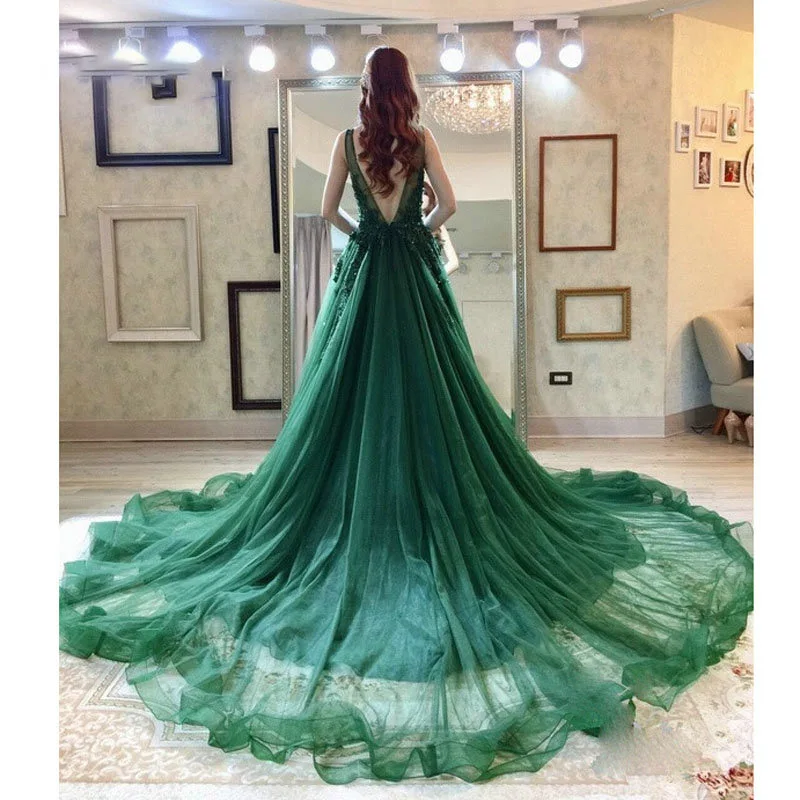 

Verngo Sexy Green V-neck Evening Dress Appliques and Beading A-line Long party Dress Robe de soiree formal dress Custom made