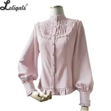 Милая женская блузка в стиле Лолиты, розовая винтажная рубашка на пуговицах с длинным рукавом-фонариком