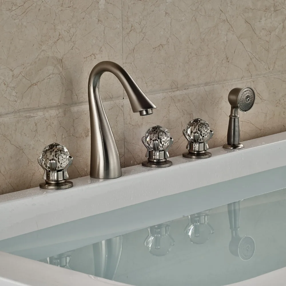 

Swan Neck Style Bathroom Tub Faucet Three Crystal Handles With Hand Shower Nickel Brushed Finished