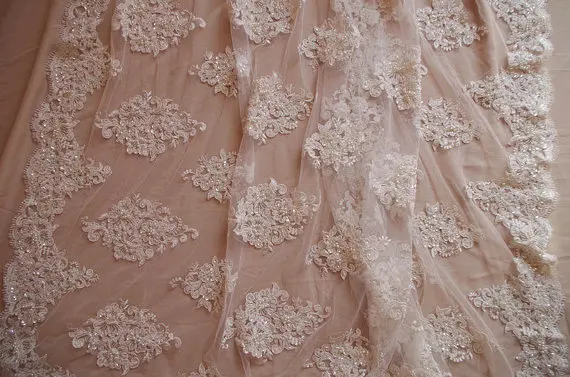 

5 yards Ivory lace fabric heavy beaded sequined lace super delicate bridal lace border veil, pearl bead tulle lace