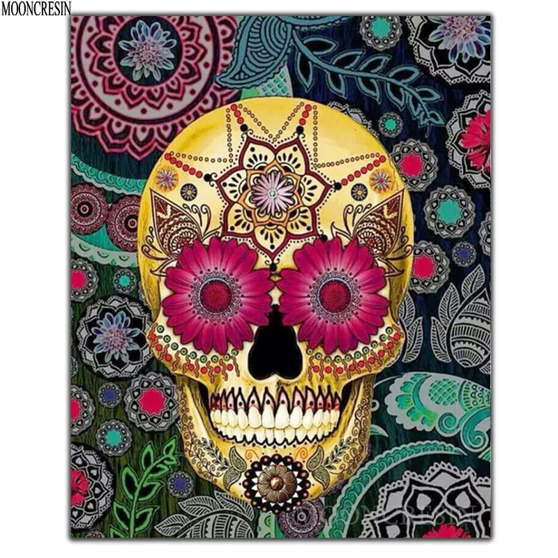 

5D Diy Diamond Painting Cross Stitch Flower Face Skeleton Needlework Diamond Embroidery Full Round Mosaic Decoration Resin Kits